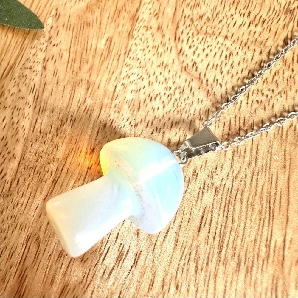 3/$22🩶 Tiny Mushroom Opalite Silver Necklace Cottage Boho Toadstool NEW